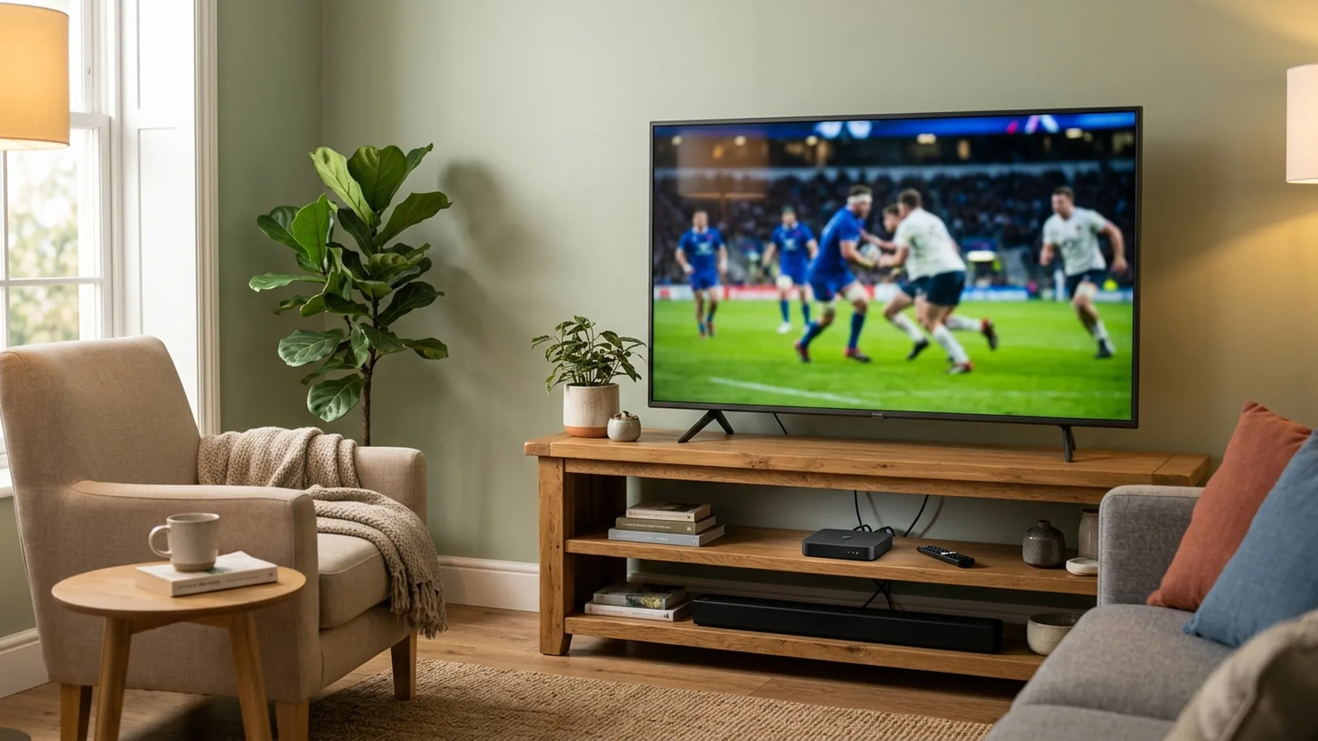 Scène de salon avec équipement opérateur et téléviseur haute définition