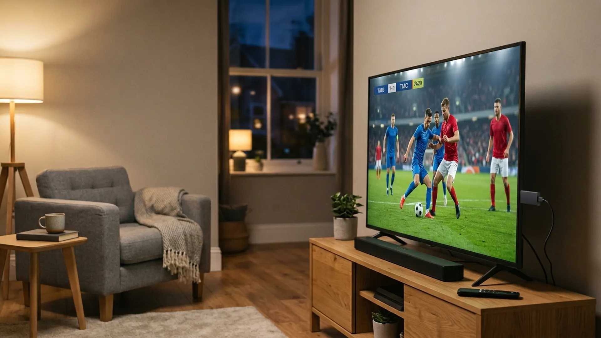 Scène de salon avec équipement opérateur et téléviseur haute définition