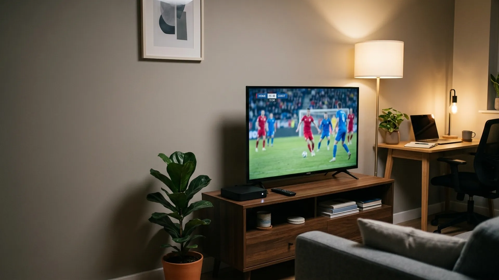 Scène de salon avec équipement opérateur et téléviseur haute définition