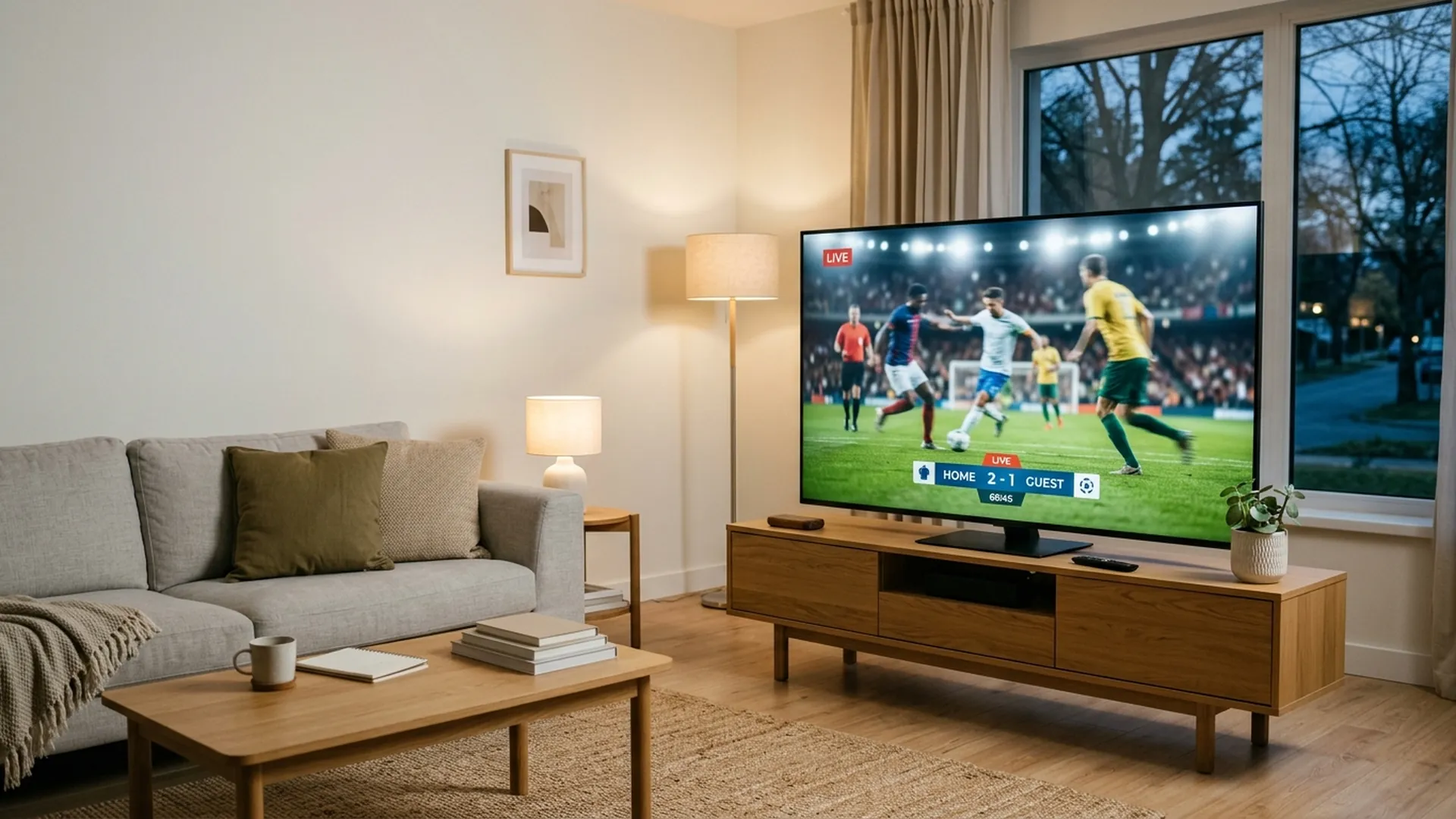 Scène de salon avec équipement opérateur et téléviseur haute définition