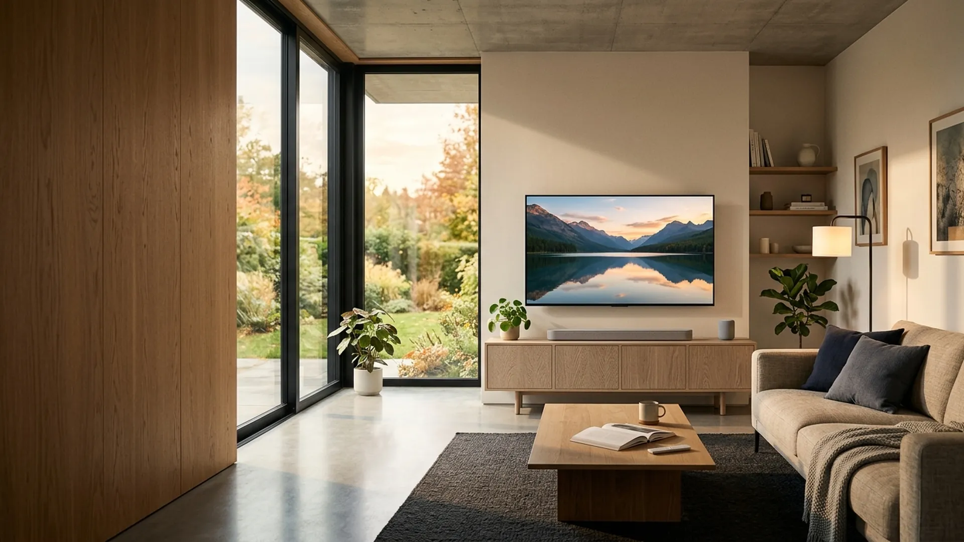 Ambiance salon moderne et connectée avec téléviseur 4K