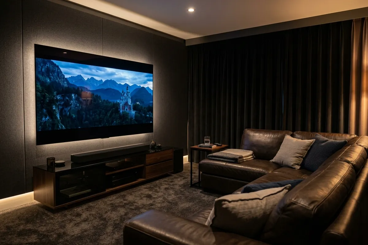 Téléviseur haut de gamme diffusant un flux en 8K dans un salon