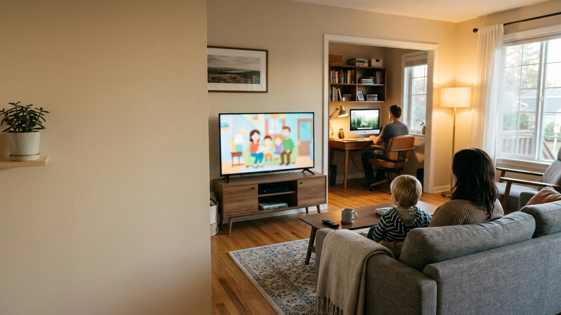 Salon équipé d'un téléviseur 4K diffusant un flux en très haute définition