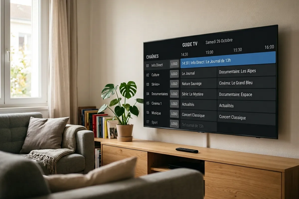 Interface épurée en mode sombre pensée pour écran de télévision